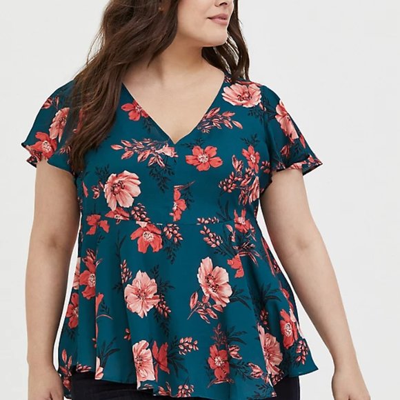 torrid Tops - BOGO! DARK TEAL & ORANGE FLORAL GEORGETTE FLUTTER